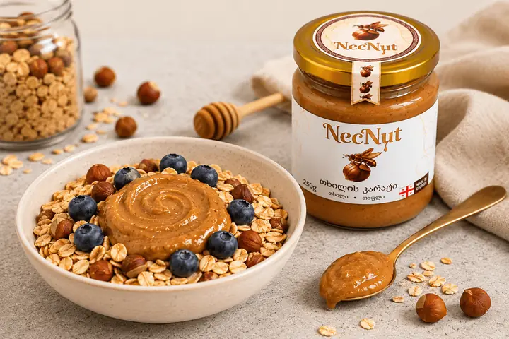 Granola bowl with NecNut hazelnut butter and blueberries