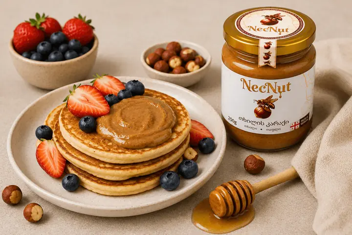 NecNut hazelnut butter spread on pancakes with berries